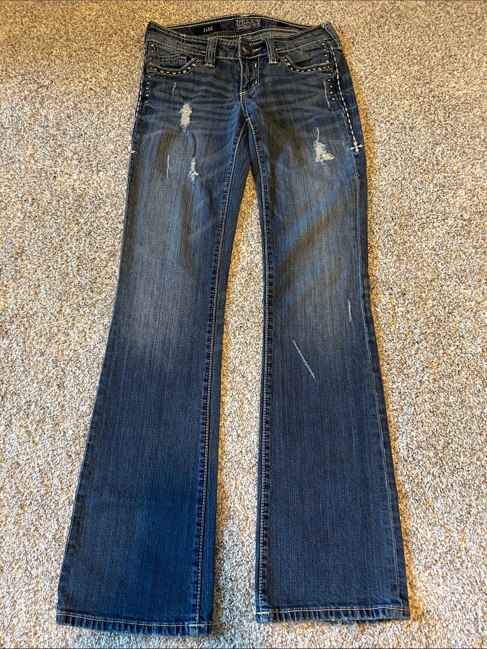 Affliction Dark Blue Distressed Flared Jeans with Silver Studs